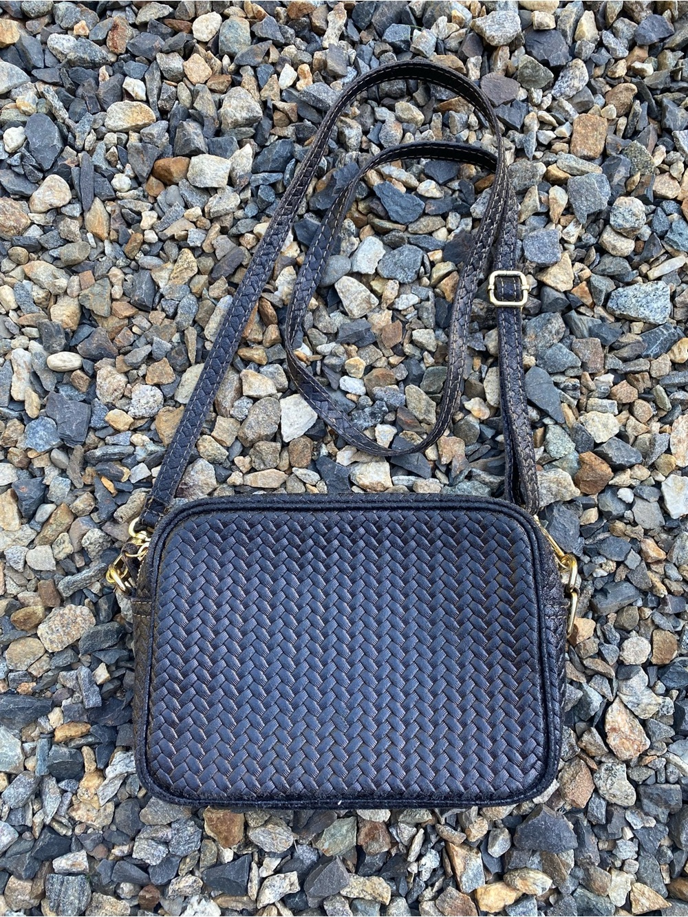 Elie Beaumont London Leather Woven Crossbody Bag in Dark Brown